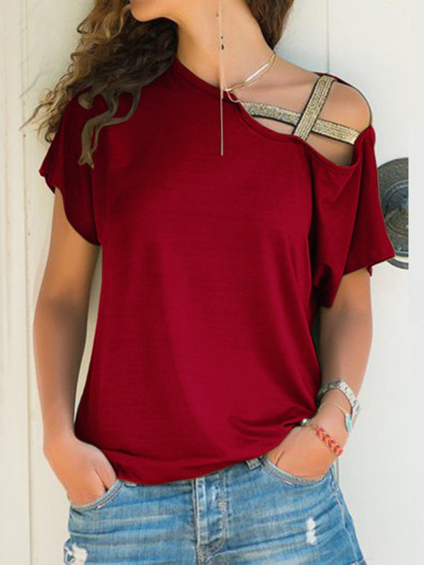 Melody Casual Slanted Shoulder Cross Irregular Short-Sleeved T-Shirt Women's Clothing