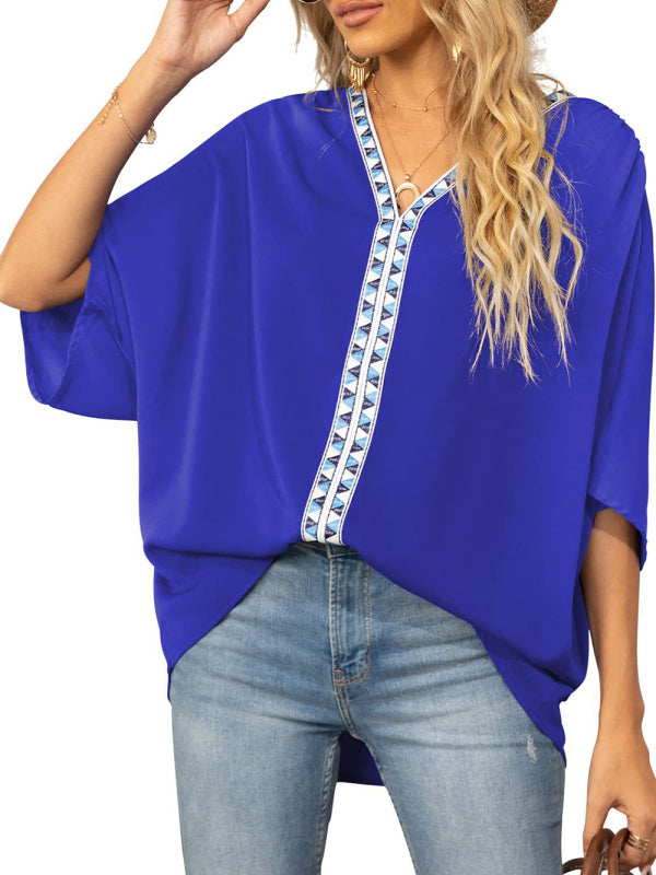 Clodagh Women's Dolman Sleeve Chiffon V-Neck Short Sleeve Shirt