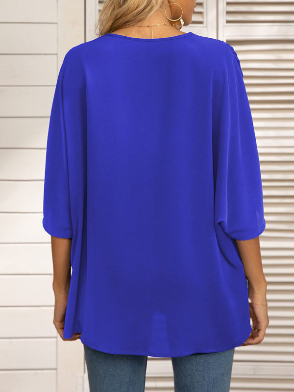 Clodagh Women's Dolman Sleeve Chiffon V-Neck Short Sleeve Shirt