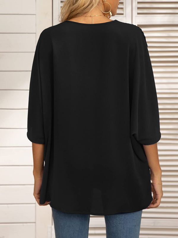 Clodagh Women's Dolman Sleeve Chiffon V-Neck Short Sleeve Shirt