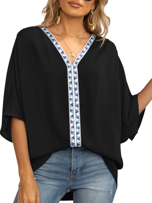 Clodagh Women's Dolman Sleeve Chiffon V-Neck Short Sleeve Shirt
