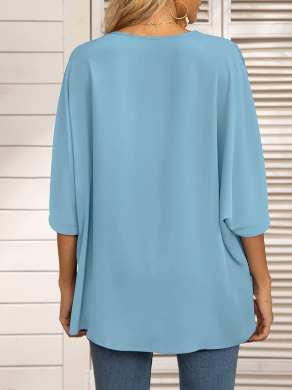 Clodagh Women's Dolman Sleeve Chiffon V-Neck Short Sleeve Shirt
