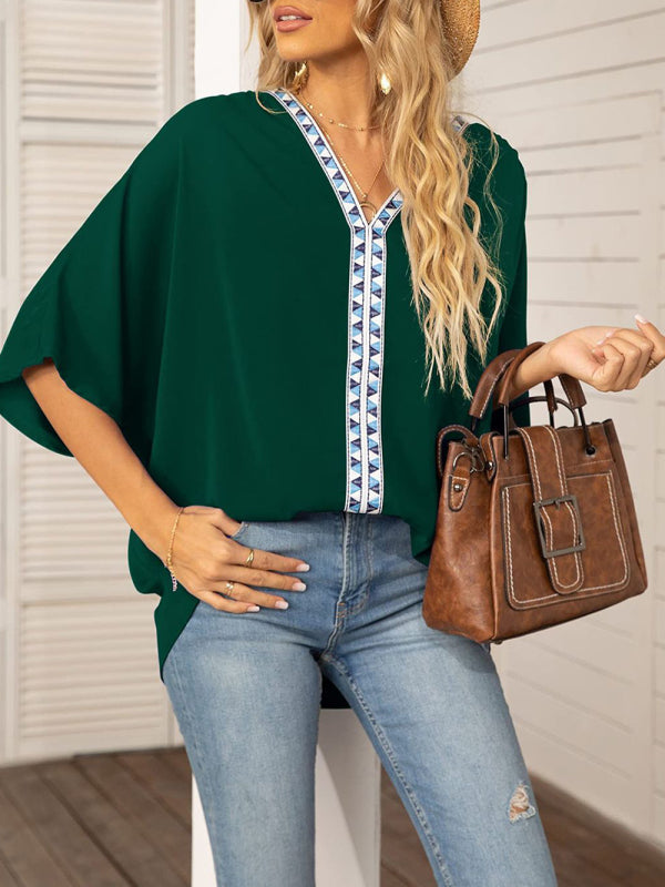 Clodagh Women's Dolman Sleeve Chiffon V-Neck Short Sleeve Shirt