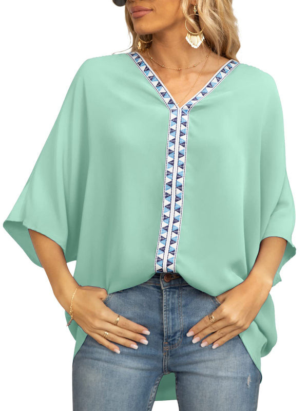 Clodagh Women's Dolman Sleeve Chiffon V-Neck Short Sleeve Shirt