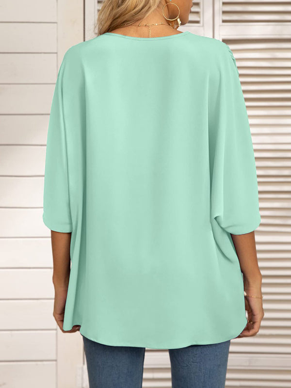 Clodagh Women's Dolman Sleeve Chiffon V-Neck Short Sleeve Shirt