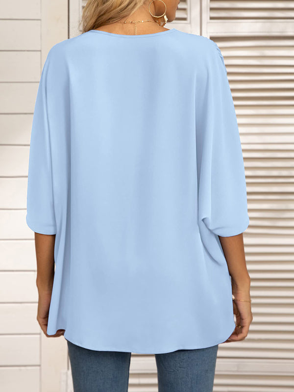 Clodagh Women's Dolman Sleeve Chiffon V-Neck Short Sleeve Shirt