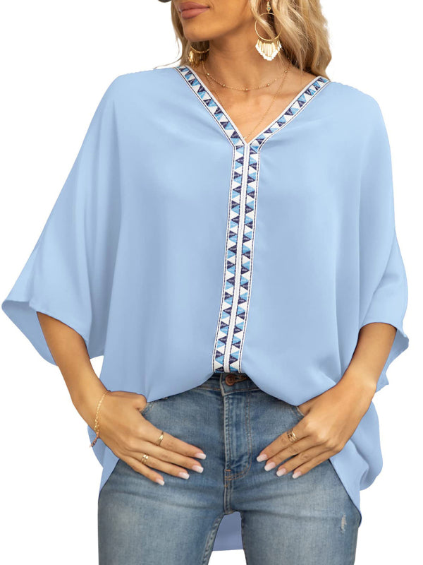 Clodagh Women's Dolman Sleeve Chiffon V-Neck Short Sleeve Shirt