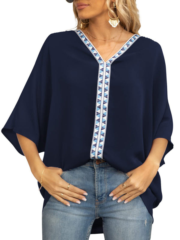 Clodagh Women's Dolman Sleeve Chiffon V-Neck Short Sleeve Shirt