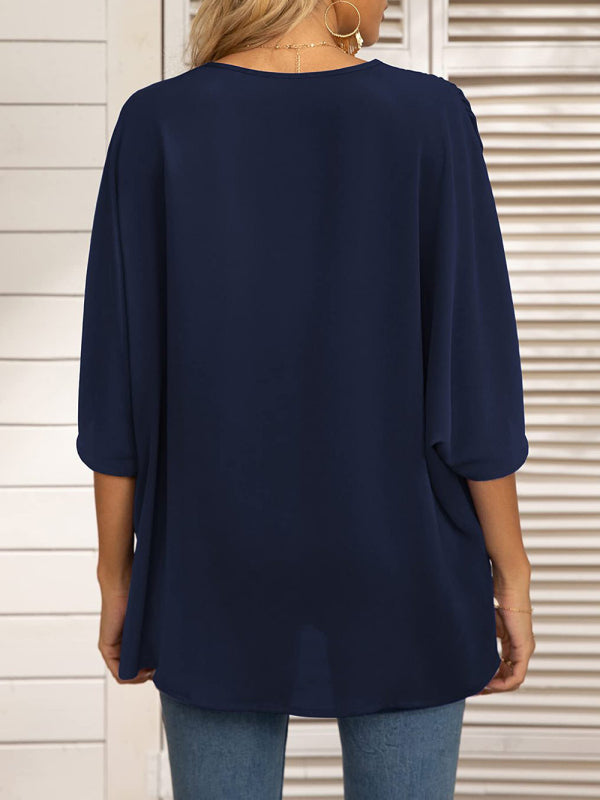 Clodagh Women's Dolman Sleeve Chiffon V-Neck Short Sleeve Shirt