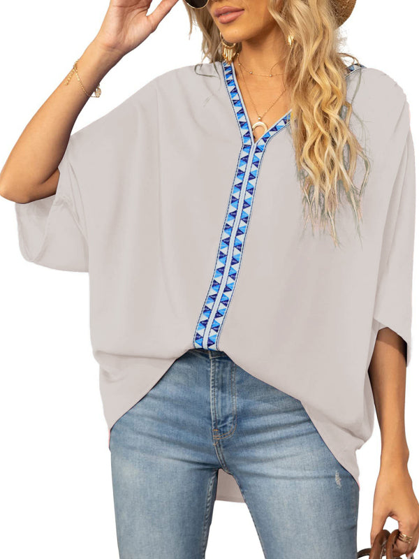 Clodagh Women's Dolman Sleeve Chiffon V-Neck Short Sleeve Shirt