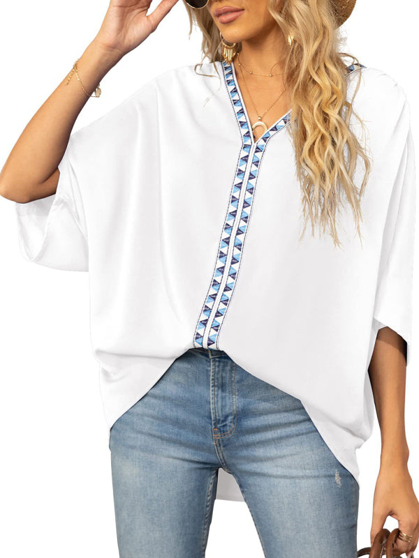 Clodagh Women's Dolman Sleeve Chiffon V-Neck Short Sleeve Shirt