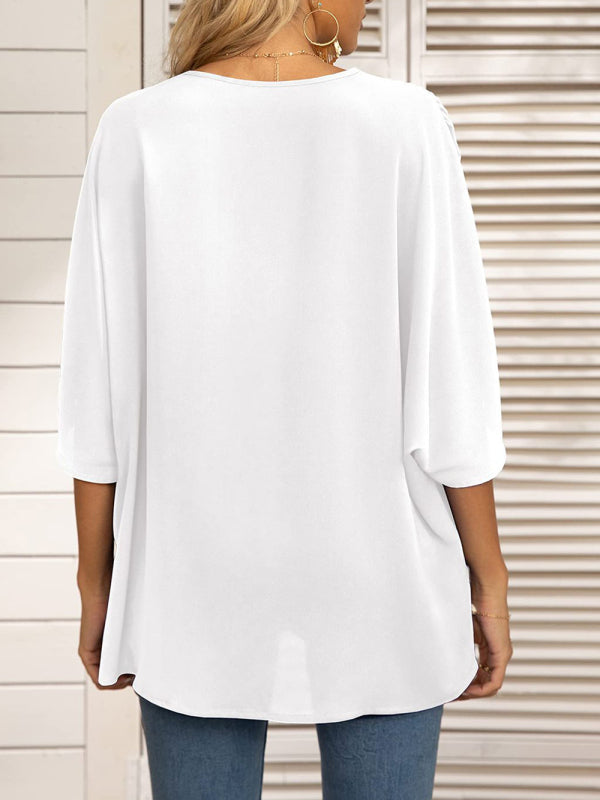 Clodagh Women's Dolman Sleeve Chiffon V-Neck Short Sleeve Shirt