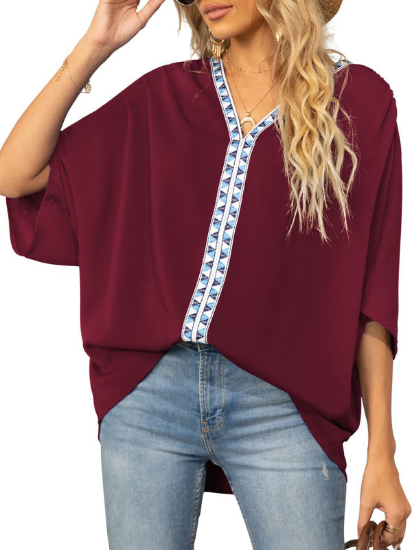 Clodagh Women's Dolman Sleeve Chiffon V-Neck Short Sleeve Shirt