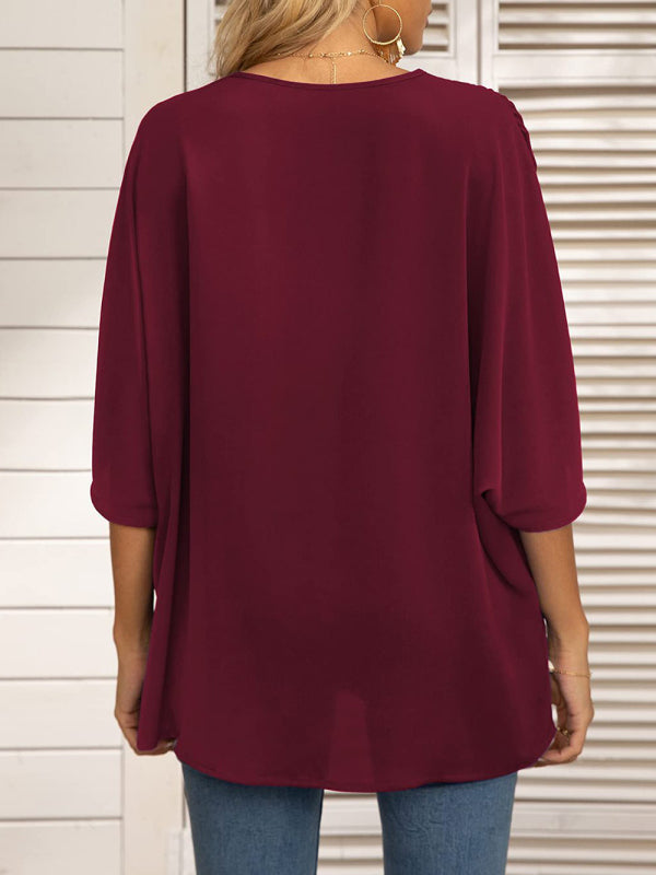 Clodagh Women's Dolman Sleeve Chiffon V-Neck Short Sleeve Shirt
