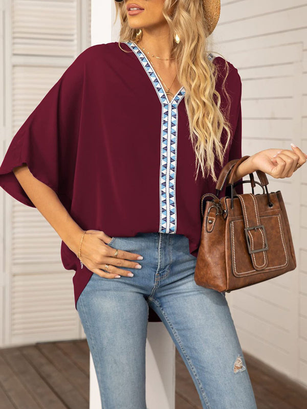 Clodagh Women's Dolman Sleeve Chiffon V-Neck Short Sleeve Shirt