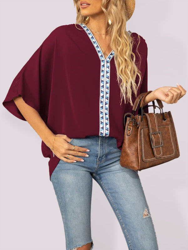 Clodagh Women's Dolman Sleeve Chiffon V-Neck Short Sleeve Shirt