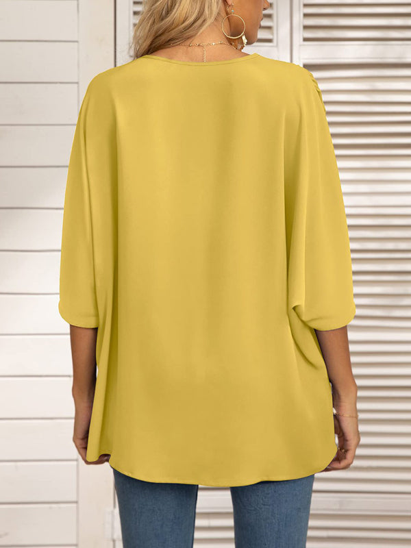 Clodagh Women's Dolman Sleeve Chiffon V-Neck Short Sleeve Shirt