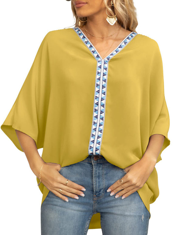 Clodagh Women's Dolman Sleeve Chiffon V-Neck Short Sleeve Shirt