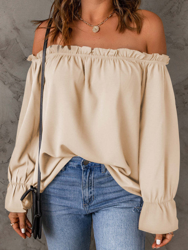 Leonie One-Neck Chiffon Shirt Solid Color Pullover Sexy Off-The-Shoulder Top