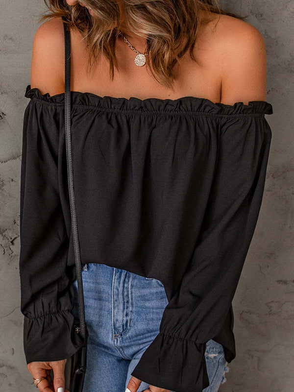 Leonie One-Neck Chiffon Shirt Solid Color Pullover Sexy Off-The-Shoulder Top