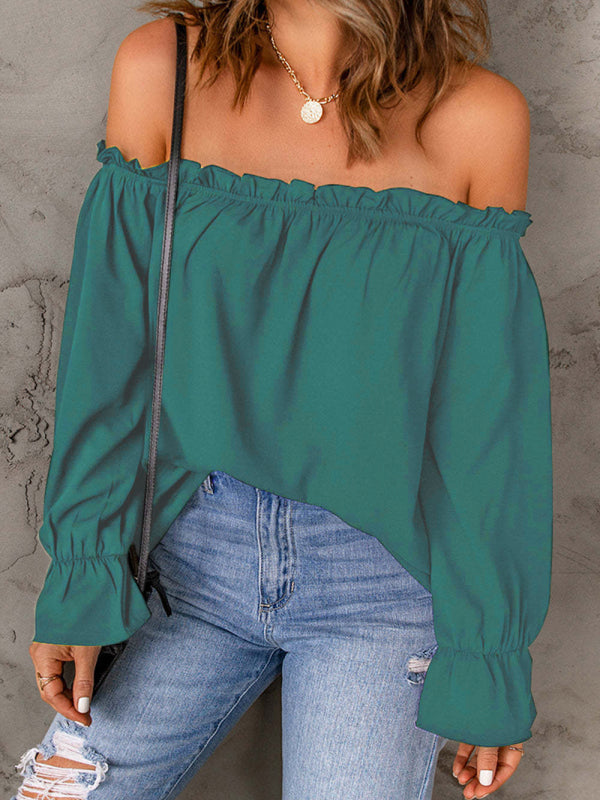 Leonie One-Neck Chiffon Shirt Solid Color Pullover Sexy Off-The-Shoulder Top