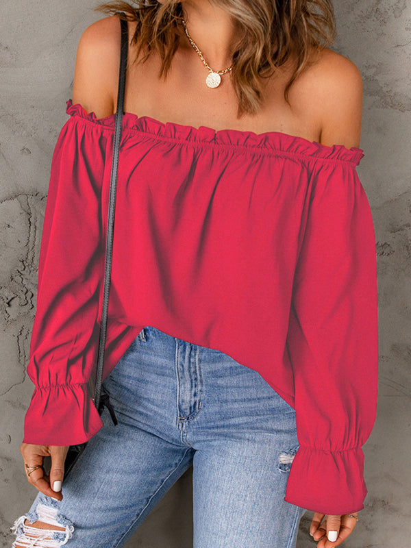 Leonie One-Neck Chiffon Shirt Solid Color Pullover Sexy Off-The-Shoulder Top