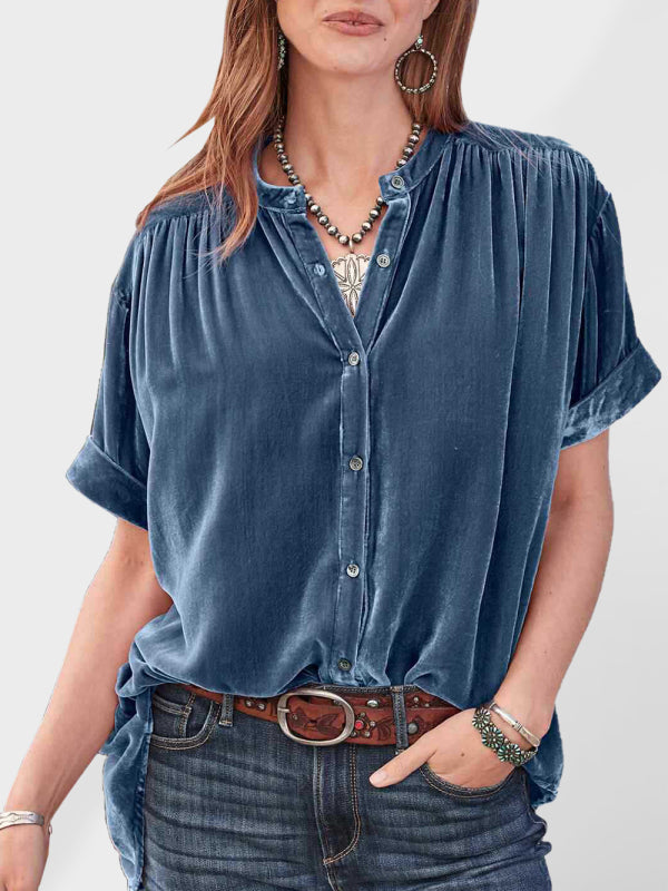 Rafaella Gold Velvet Solid Color Short-Sleeved Round Neck Shirt