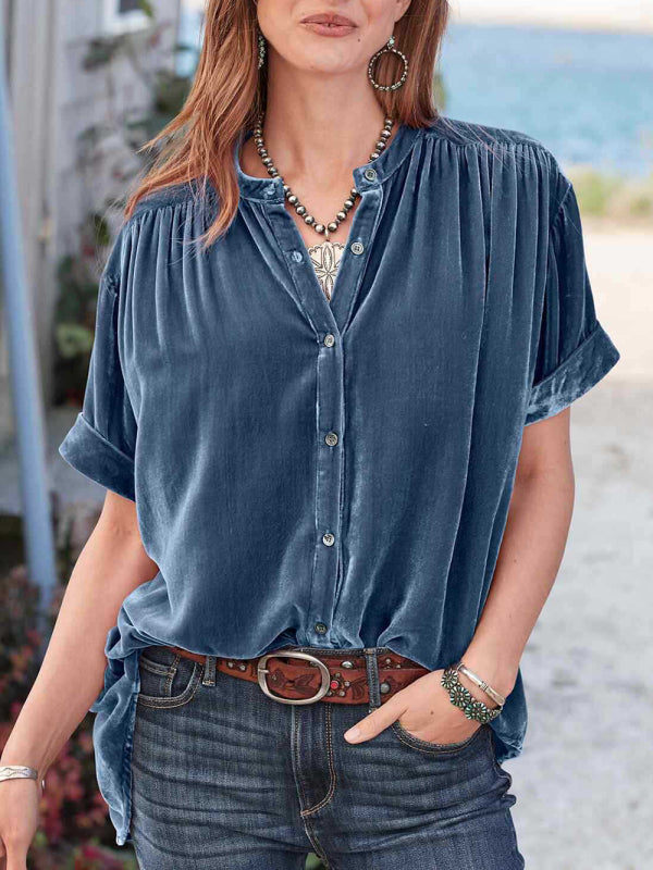 Rafaella Gold Velvet Solid Color Short-Sleeved Round Neck Shirt