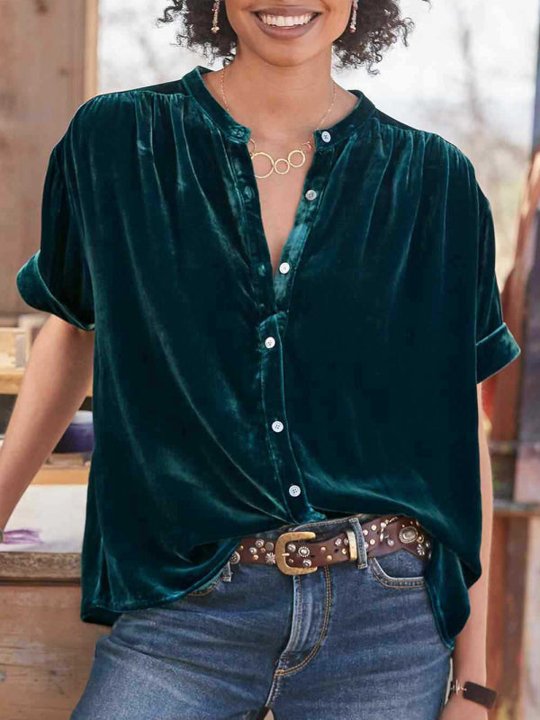 Rafaella Gold Velvet Solid Color Short-Sleeved Round Neck Shirt