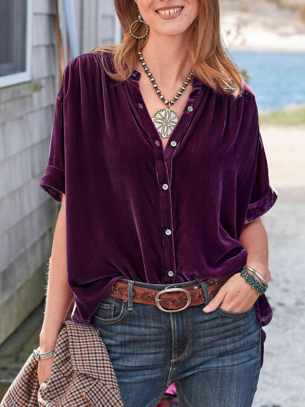 Rafaella Gold Velvet Solid Color Short-Sleeved Round Neck Shirt
