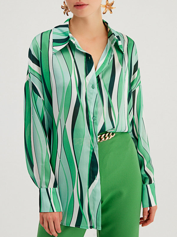 Quintessa Shirt Vertical Stripe Loose Cardigan Digital Printing Personality Street Shirt