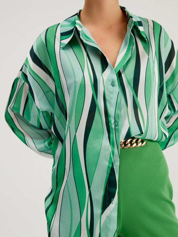 Quintessa Shirt Vertical Stripe Loose Cardigan Digital Printing Personality Street Shirt