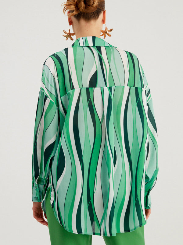 Quintessa Shirt Vertical Stripe Loose Cardigan Digital Printing Personality Street Shirt