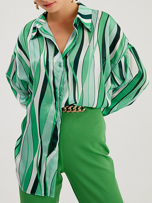 Quintessa Shirt Vertical Stripe Loose Cardigan Digital Printing Personality Street Shirt