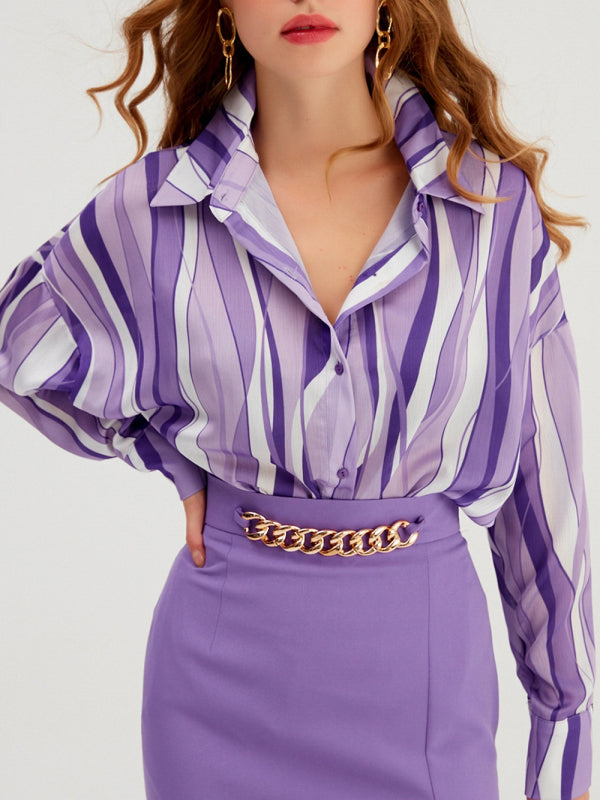 Quintessa Shirt Vertical Stripe Loose Cardigan Digital Printing Personality Street Shirt