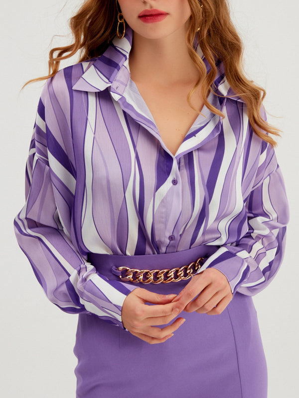 Quintessa Shirt Vertical Stripe Loose Cardigan Digital Printing Personality Street Shirt