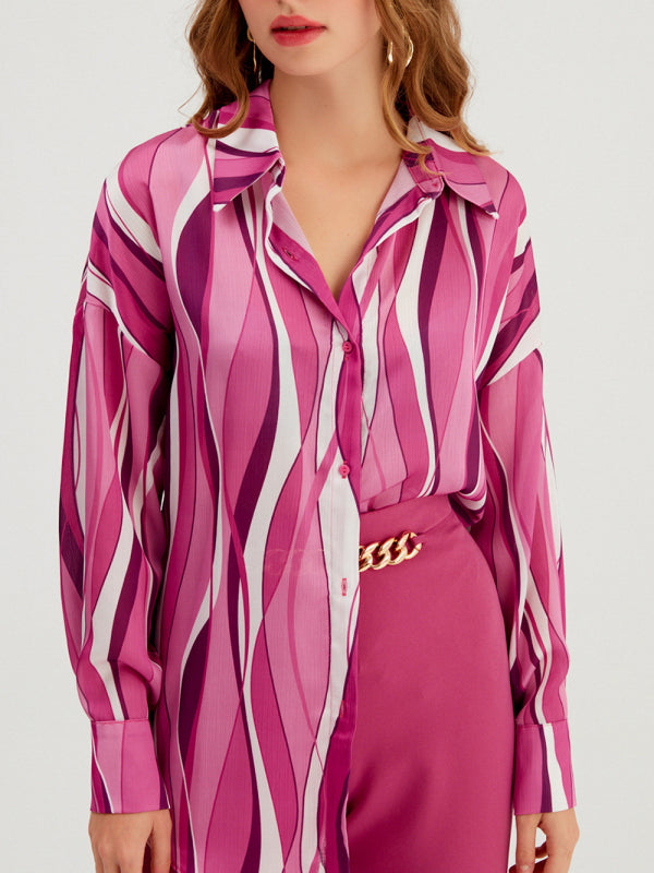 Quintessa Shirt Vertical Stripe Loose Cardigan Digital Printing Personality Street Shirt