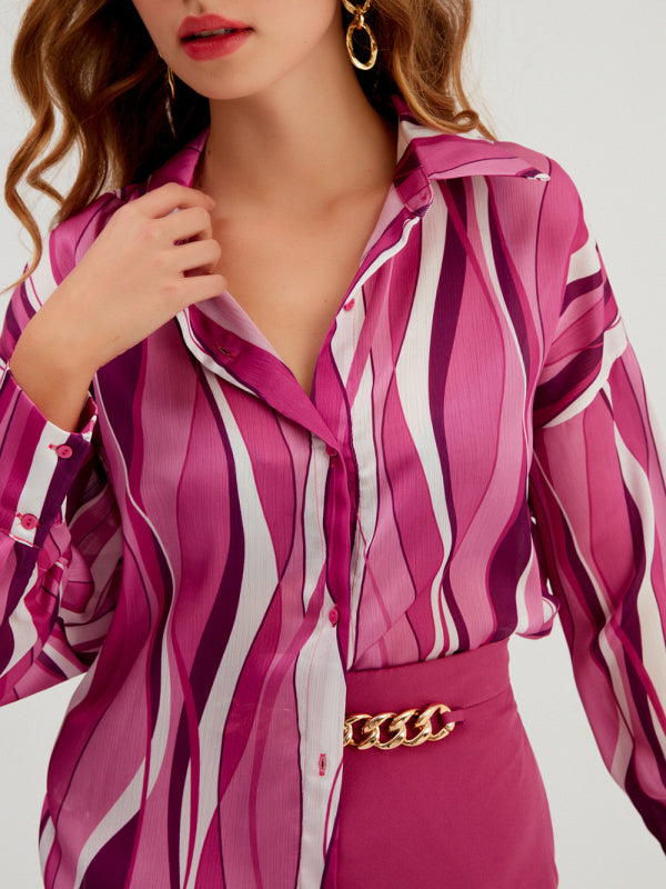 Quintessa Shirt Vertical Stripe Loose Cardigan Digital Printing Personality Street Shirt