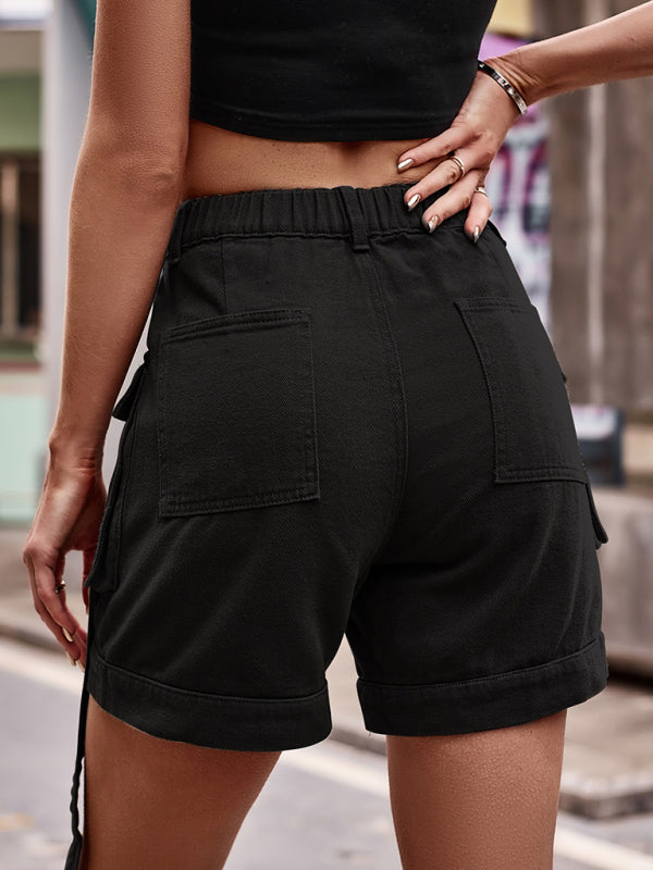Lottie New American Denim Overalls Casual Pocket Shorts Elastic Waist