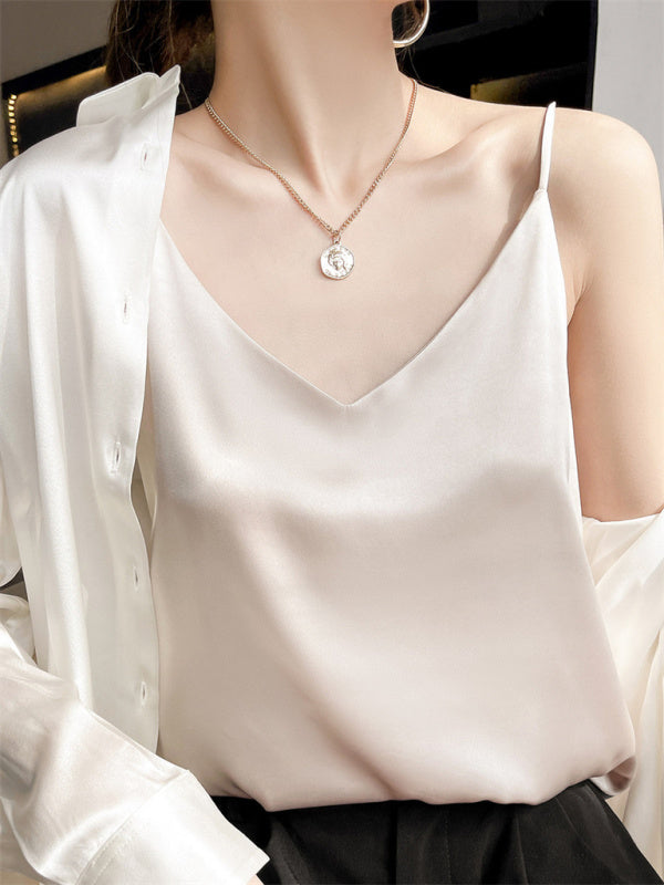 Hattie Satin V-Neck Camisole Bottoming Shirt Sexy Outerwear Summer Short Silk