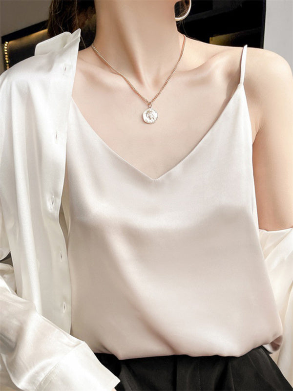 Hattie Satin V-Neck Camisole Bottoming Shirt Sexy Outerwear Summer Short Silk