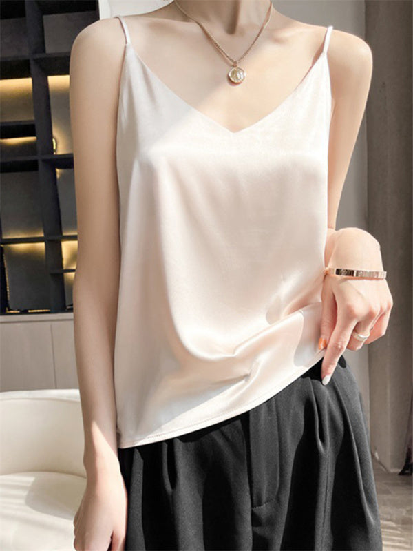 Hattie Satin V-Neck Camisole Bottoming Shirt Sexy Outerwear Summer Short Silk