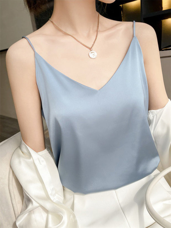 Hattie Satin V-Neck Camisole Bottoming Shirt Sexy Outerwear Summer Short Silk