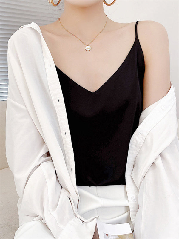 Hattie Satin V-Neck Camisole Bottoming Shirt Sexy Outerwear Summer Short Silk