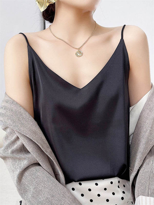Hattie Satin V-Neck Camisole Bottoming Shirt Sexy Outerwear Summer Short Silk