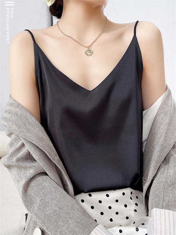 Hattie Satin V-Neck Camisole Bottoming Shirt Sexy Outerwear Summer Short Silk