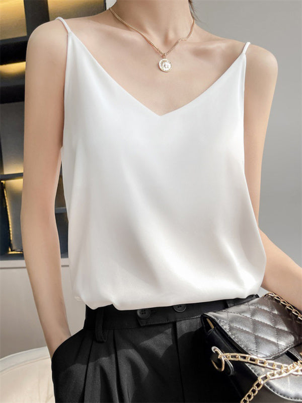 Hattie Satin V-Neck Camisole Bottoming Shirt Sexy Outerwear Summer Short Silk