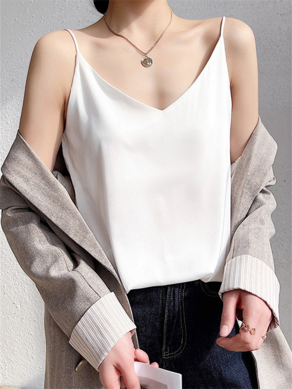Hattie Satin V-Neck Camisole Bottoming Shirt Sexy Outerwear Summer Short Silk