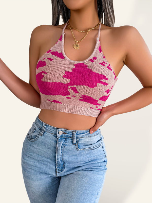 Ellie Women's Sexy Cow Pattern Waist Sling Cropped Knitted Sweater