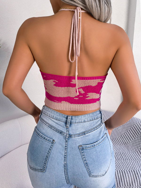 Ellie Women's Sexy Cow Pattern Waist Sling Cropped Knitted Sweater